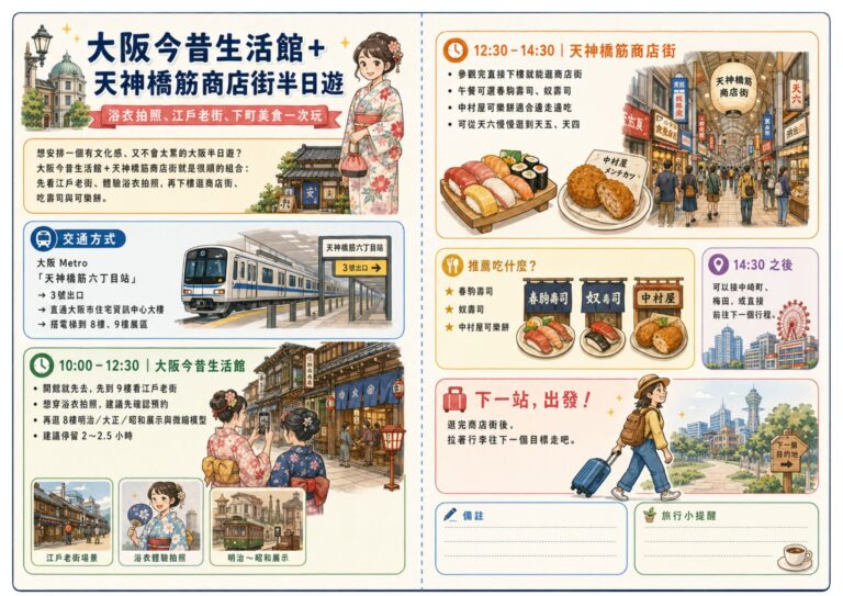 Read more about the article 大阪今昔生活館＋天神橋筋商店街半日遊｜浴衣拍照、江戶老街、下町美食一次玩