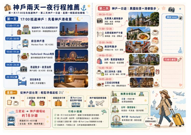 Read more about the article 神戶兩天一夜行程｜18:00抵達神戶怎麼玩？神戶港夜景、北野異人館、布引香草園輕鬆安排