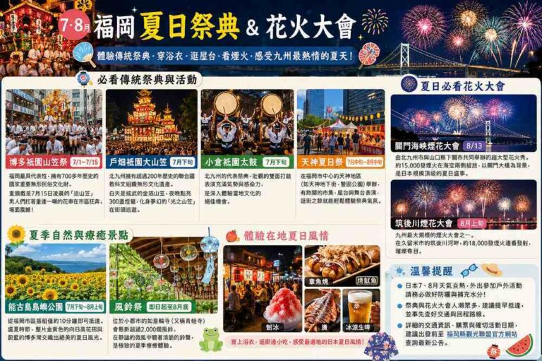 Read more about the article 福岡7、8月夏天旅遊必去活動：博多祇園山笠、花火大會、夏日祭典與向日葵景點一次看