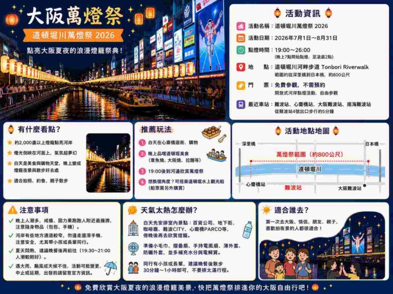 Read more about the article 大阪萬燈祭2026攻略｜道頓堀夏季免費夜景！時間地點、門票與避暑注意事項一次看