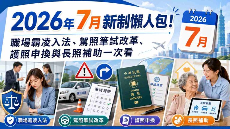Read more about the article 2026年7月新制懶人包！職場霸凌入法、駕照筆試改革、護照申換與長照補助一次看