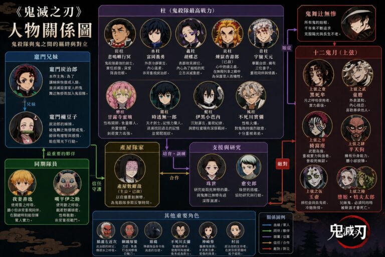 Read more about the article 《鬼滅之刃》人物關係圖一次看懂！鬼殺隊、九柱、十二鬼月、鬼舞辻無慘角色關係整理