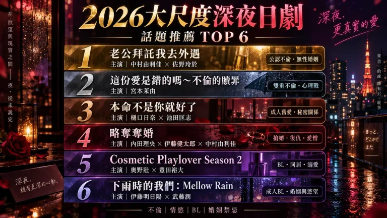 Read more about the article 【2026年】ちょっと刺激的な深夜ドラマ6選！濡れ場・不倫・BL・夫婦の性を描く話題作